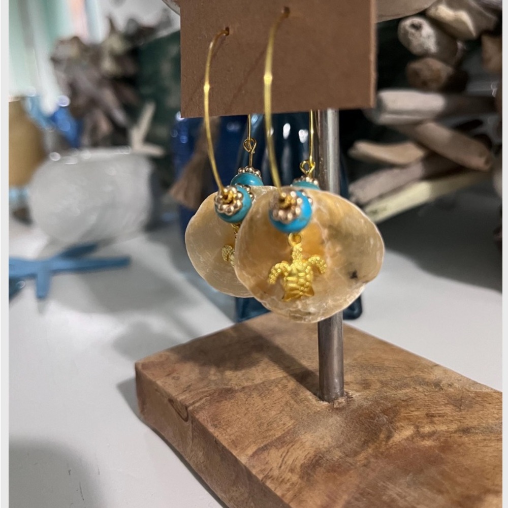 Handmade Gold and Blue Shell Earrings